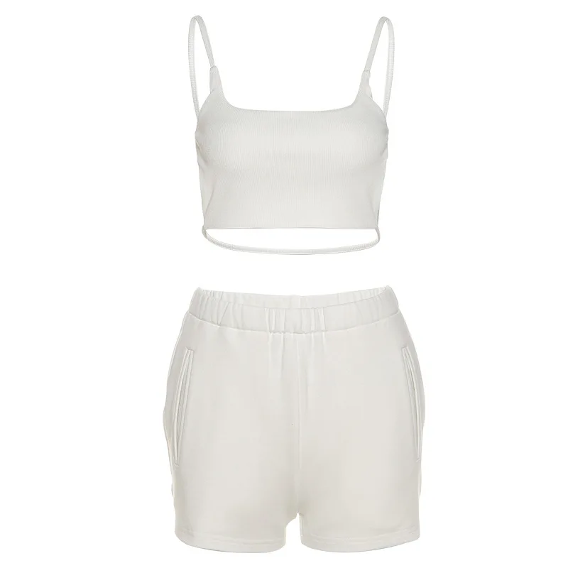 

Women Sportswear Set Backless T-shirt and Shorts Rest Ruched 2 Piece Tracksuit Casual Side Pockets Shorts Athleisure Outfits