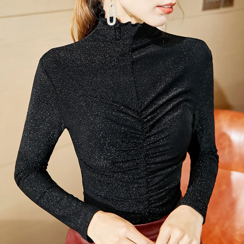 

Auricularia auricula edge high collar bottomed shirt women's autumn and winter new hot stamping and steaming blouse sexy pleated