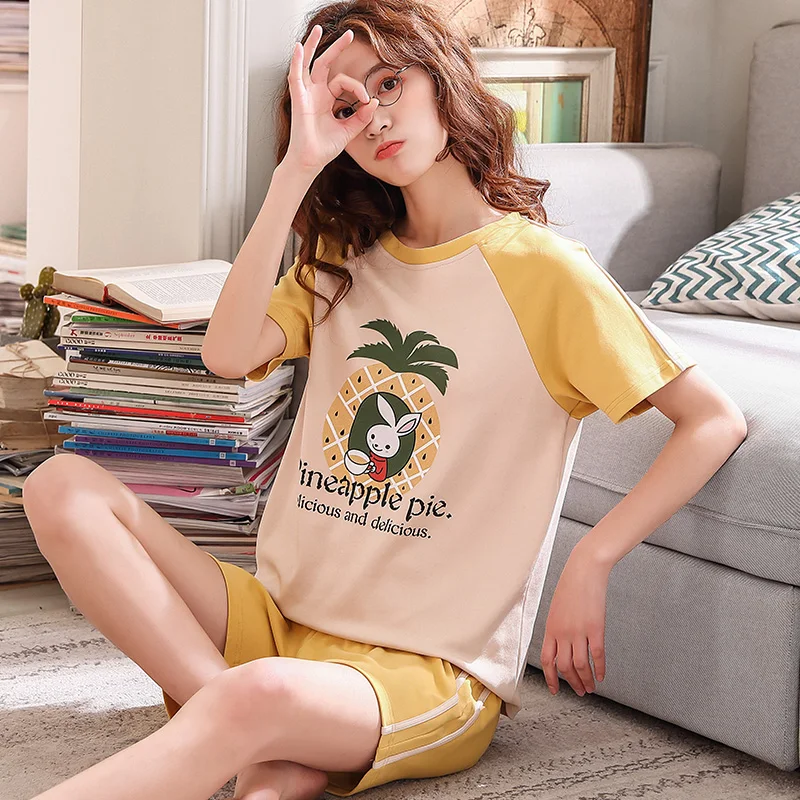 

Couple Pajamas Set Cotton Fresh Style Patchwork Short Sleeve Homewear Summer Funny Cartoon Printing Lovers Outdoor Sleepwear