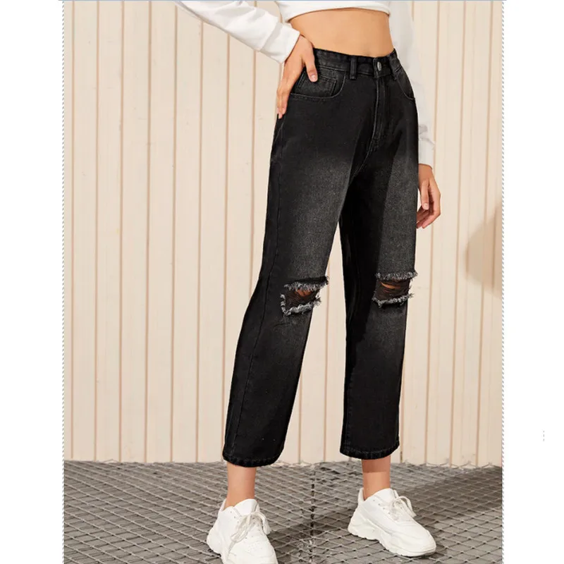 

2019 Fashion Autumn Pants Womens All-match Distressed Long Denim Straight Wide Leg Pants Casual Cool High Waist Hole Trousers