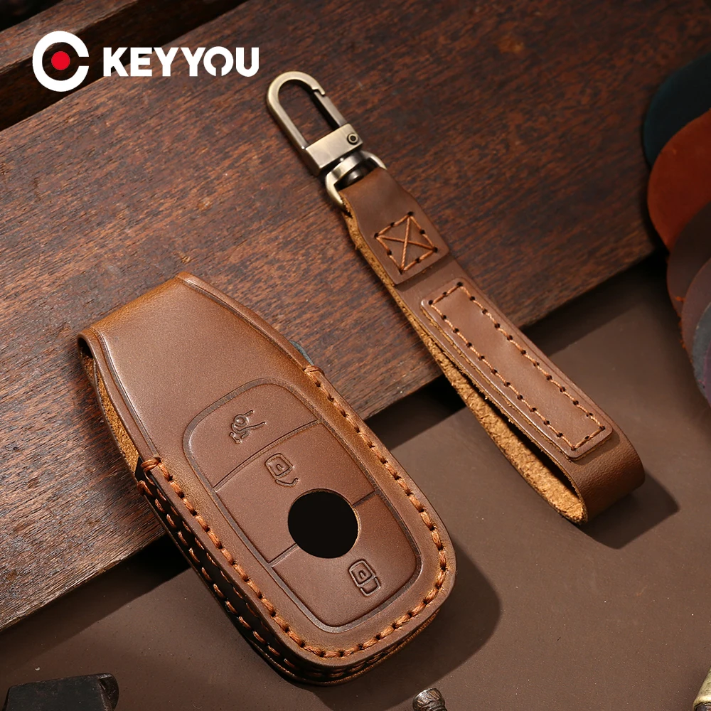 

KEYYOU Car Styling For Mercedes Benz AMG E Class W213/C Class W205 2018 Genuine Leather Car Key Case Fob Smart Key Cover Shell