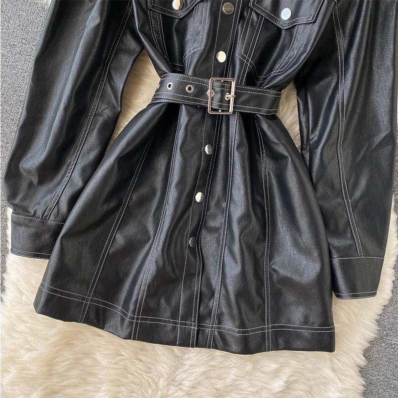 Fitaylor New Spring Autumn Faux Leather Jacket Women Fashion Single Breasted Long Sleeve Pu Dress with Belt Black Coat | Женская одежда