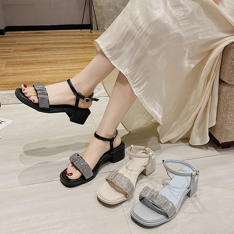 

Beige Heeled Sandals Fashion Womens Shoes 2021 Med Black Luxury Comfort Medium Clear Rhinestone Block Summer Gladiator New