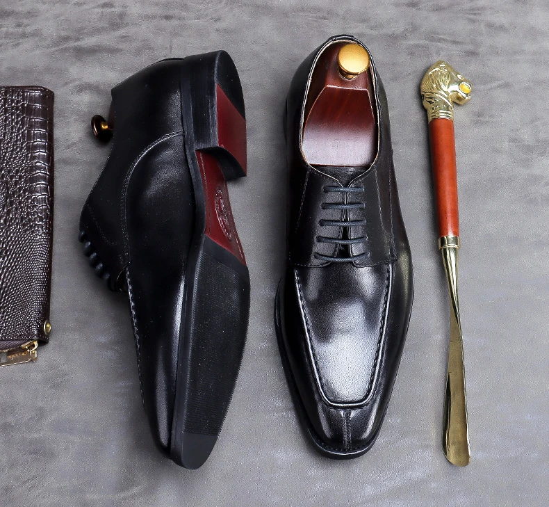

Lacing Mens Shoes Formal Genuine Leather Wedding Business Brogue Oxford Shoe Black Brown Square Head Luxury Men Dress Shoe