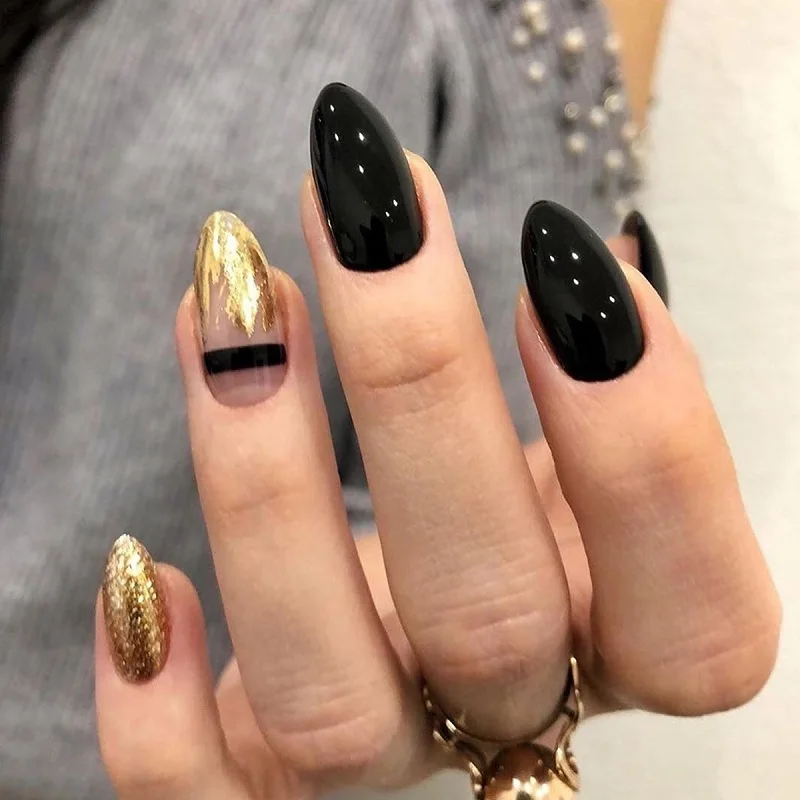 

GAM-BELLE Almond Shape False Nails Black Gold Glitter Foil Design Press On Fake Nails Art Extension Tips With Glue Manicure Tool