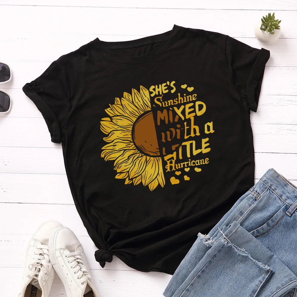 

Half Sunflower Letter Print Women T Shirt Short Sleeve O Neck Loose Women Tshirt Ladies Fashion Tee Shirt Tops Camisetas Mujer