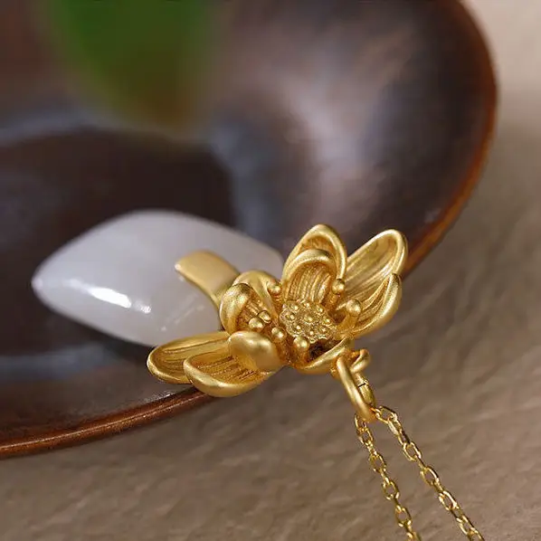 

Natural Hetian Jade Lotus Pendant Women's S925 Silver Necklace White Jade Geometry Rectangle Tranquility and Peace Plate Pendant