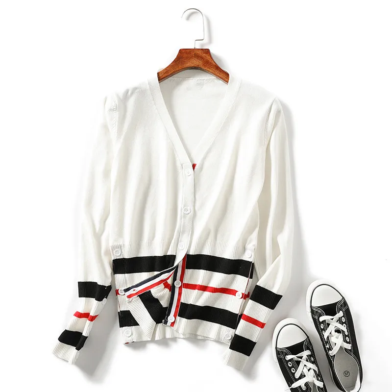 autumn and winter new style V-neck slim long-sleeved Korean knitted women's striped cardigan sweater women |