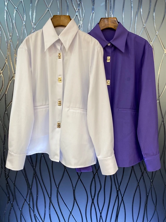 

2021 new women fashion lapel solid color decorative buttons long-sleeved all-match shirt shirt 728