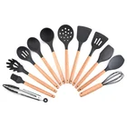 Набор силиконовых кухонных инструментов, набор кухонных принадлежностей, лопатка черпак, ложка для супа с деревянной ручкой, специальная термостойкая конструкция