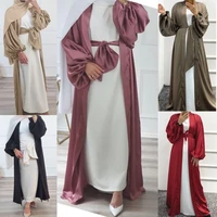 ramadan eid muslim dress smooth silky elegant pure color satin muslim dresses women modest wear clothing robes with belt wy160w