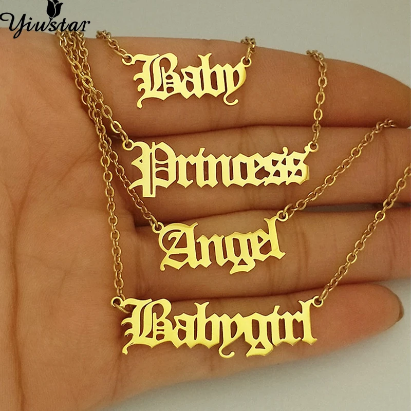 

Gold Fashion Punk Stainless Steel Girl Letter Necklace Gothic Punk Old English Necklaces Pendants Angel Babygirl Princess Choker