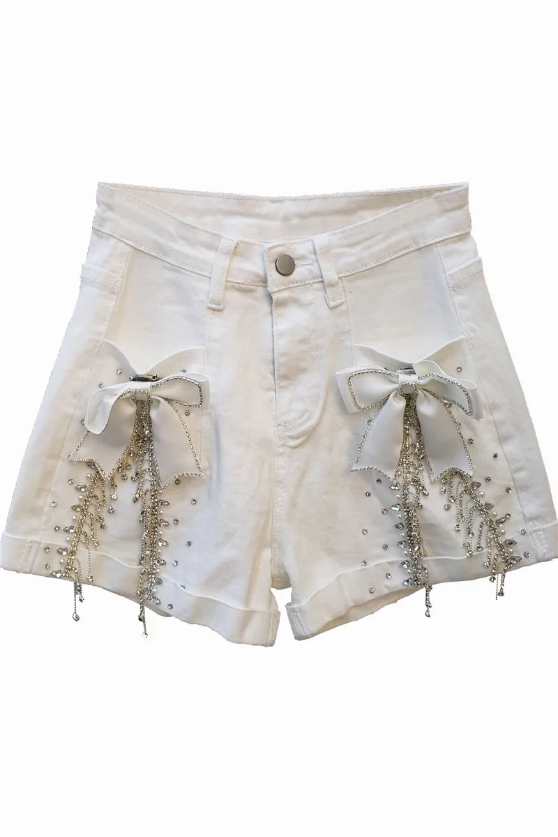 

Sweet Girl Beaded Tassel White Bow Denim Shorts 2021 Summer Women High Waist Slimming Casual Wide Leg Short Pants