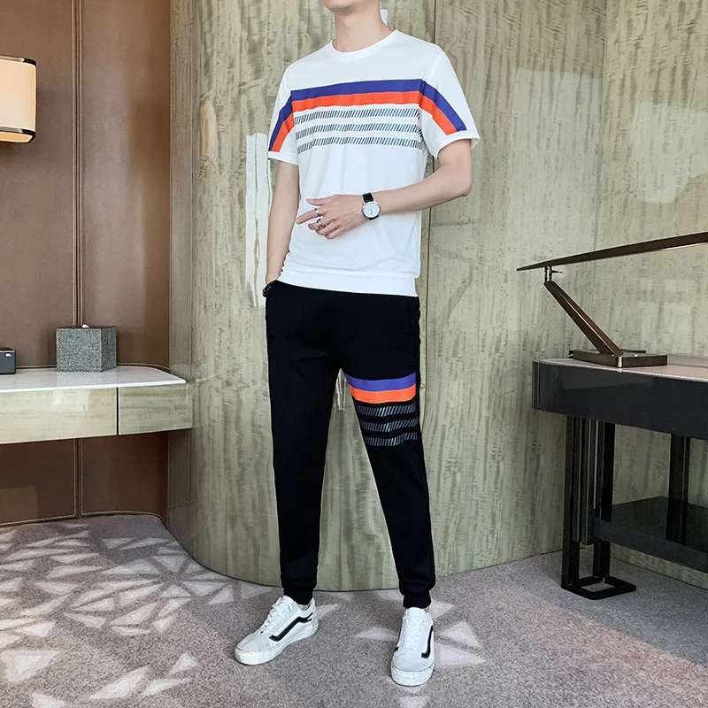 

Ice silk Casual Short Sleeve T-Shirt suit men's summer new fashion trend comfortable breathable stretch Capris T-shirt