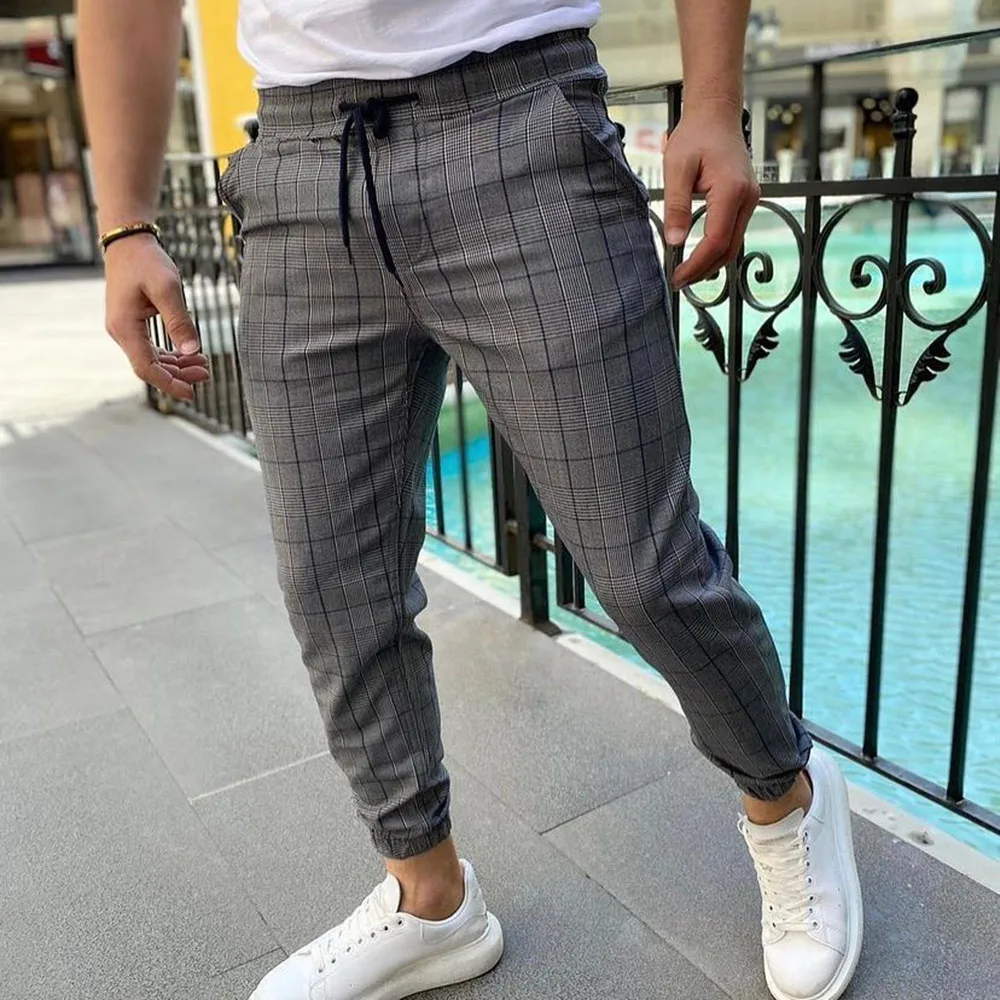 

Брюки мужские прямые в клетку, повседневные клетчатые штаны, уличная одежда, брюки-карандаш с эластичным поясом и карманами, осень 2021