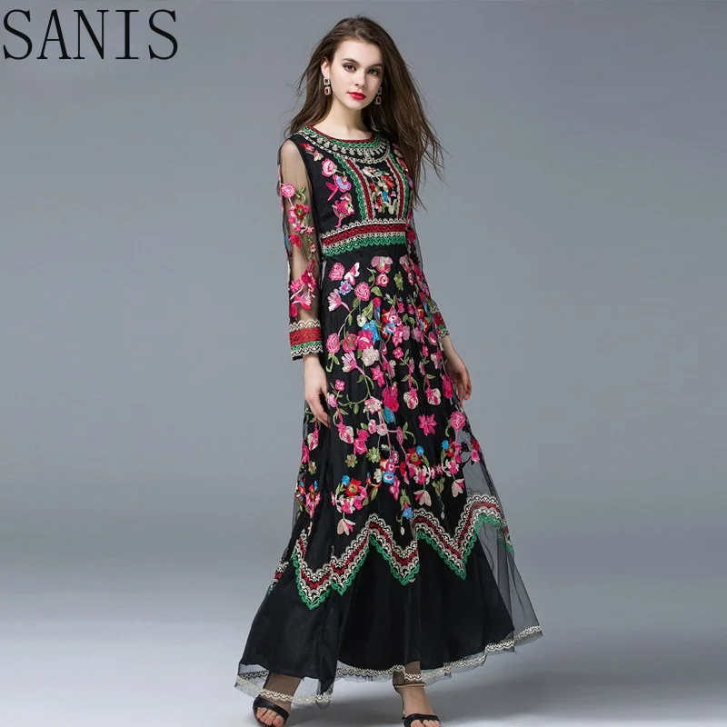 

Sanis Fashion Designer Dress Spring Women Long sleeve Embroidery Mesh Flowers Casual Retro Elegant Dress High quality