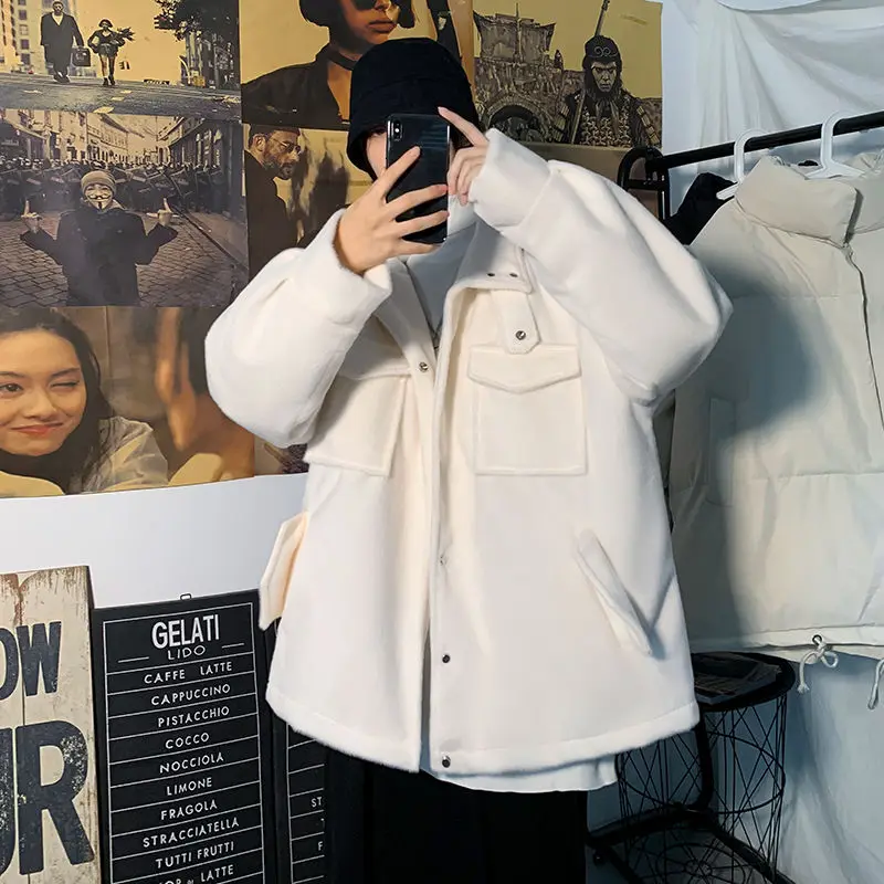 

Winter Thickened Fleece Jacket Men's Warmth Fashion Retro Stand Collar Jacket Men Streetwear Korean Loose Short Coat Mens M-2XL