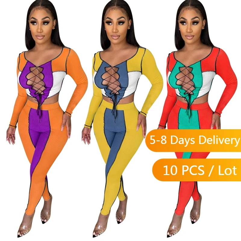 

Женский спортивный костюм в рубчик, комплект из топа и леггинсов на шнуровке