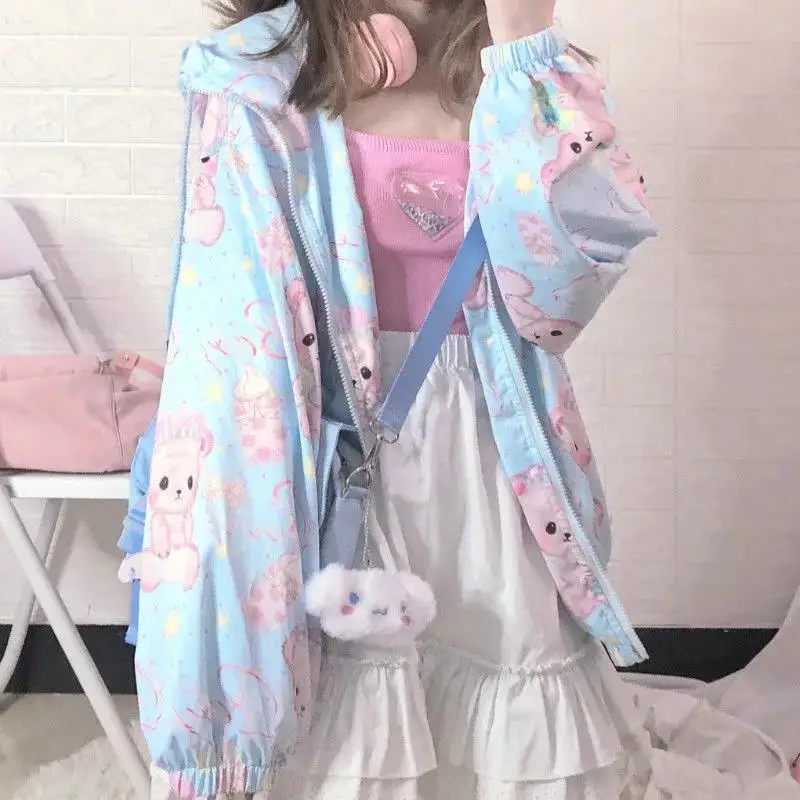 

Sweet Lolita Style Thin Hoodies Girls Loose Cute Cartoon Baby Bear Print Zipper Hooded Casual Sweatshirt Women Kawaii Outerwear