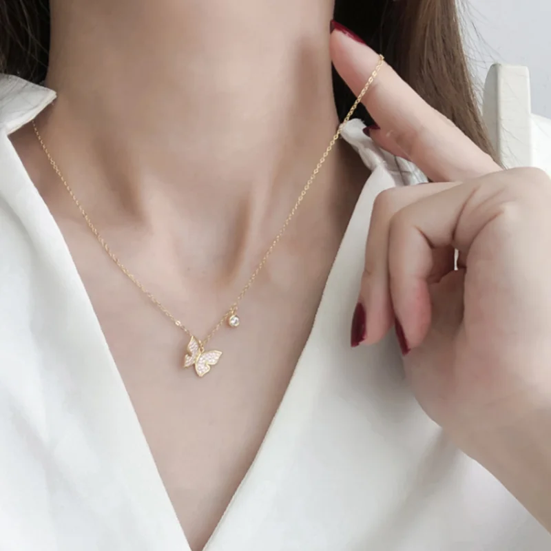 

925 Sterling Silver Shiny CZ Butterfly Necklace for Women Gold color Clavicle Chain Necklace Jewelry party Gift