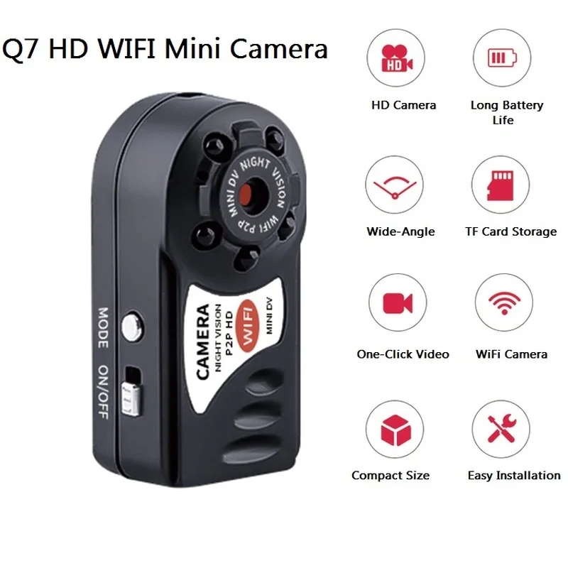 

Q7 WiFi Mini Camera 480P Wide Angle Infrared Night Vision with Six Lights Camcorders Kits for Home Car Mini Wecam Lens Sport DV