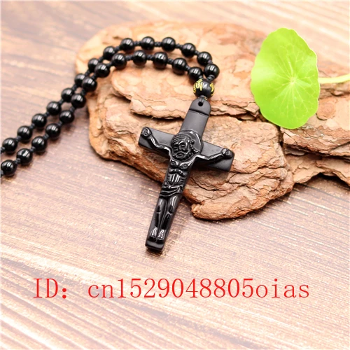 Натуральный черный обсидиан крест кулон бусы ожерелье модное очарование