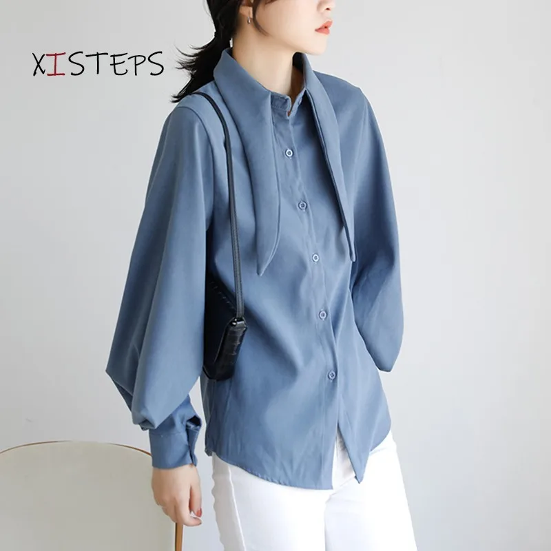 Lantern Sleeve Blouses For Women Blue White Black Shirts 2021 Spring Autumn Bow Tie Office Lady Tops Elegant Woman's Clothings