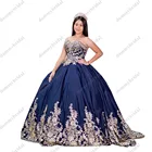 Сексуальное Золотое кружевное и темно-синее бальное платье 15, 16, XV лет, бальное платье с сердечком, Charro, Quinceanera, платье для выпускного вечера, милое атласное платье