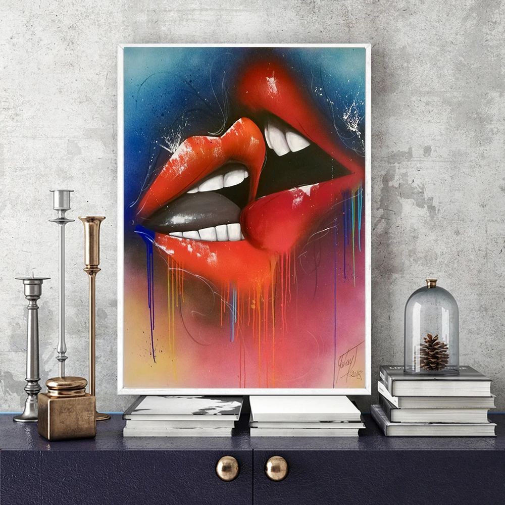 

Modern Abstract Kiss Red Lips Canvas Posters and Prints Wall Art Red Lips Graffiti Canvas Painting for Living Room Home Decor