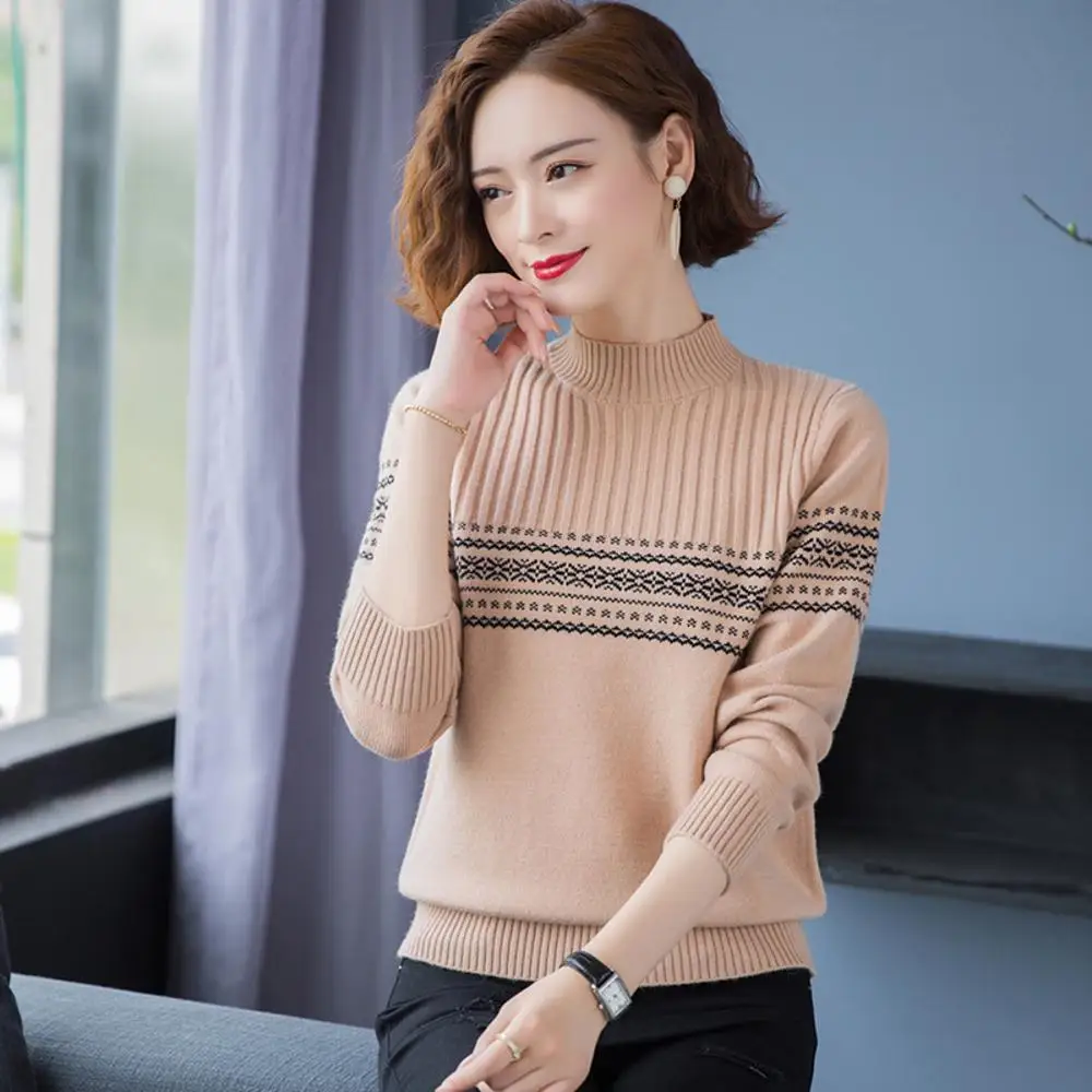 

Sweater Women Pullover Striped Long Sleeve Top Half High Collar Korean Version Autumn Winter Clothes Popularity Elegant