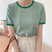 women all match basic knitted o neck tops korean female striped short sleeve t shirts girlish style casual slim tshirts summer