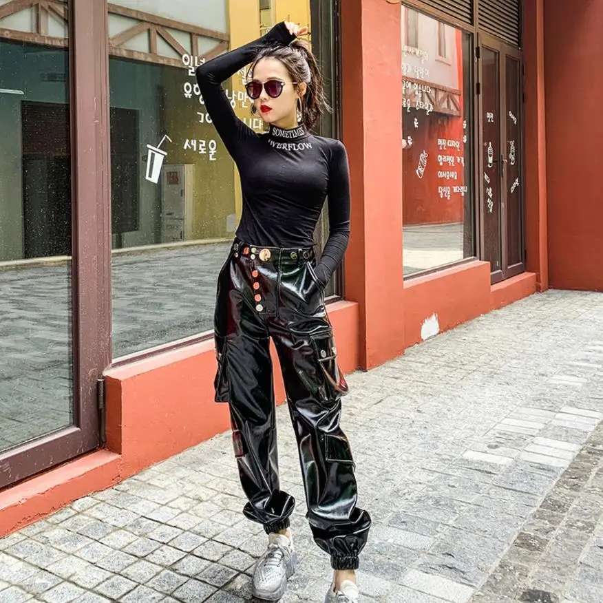 Fashion brand bright glossy PU leather cargo pants female street punk style hip bag full length pu leather trousers F930