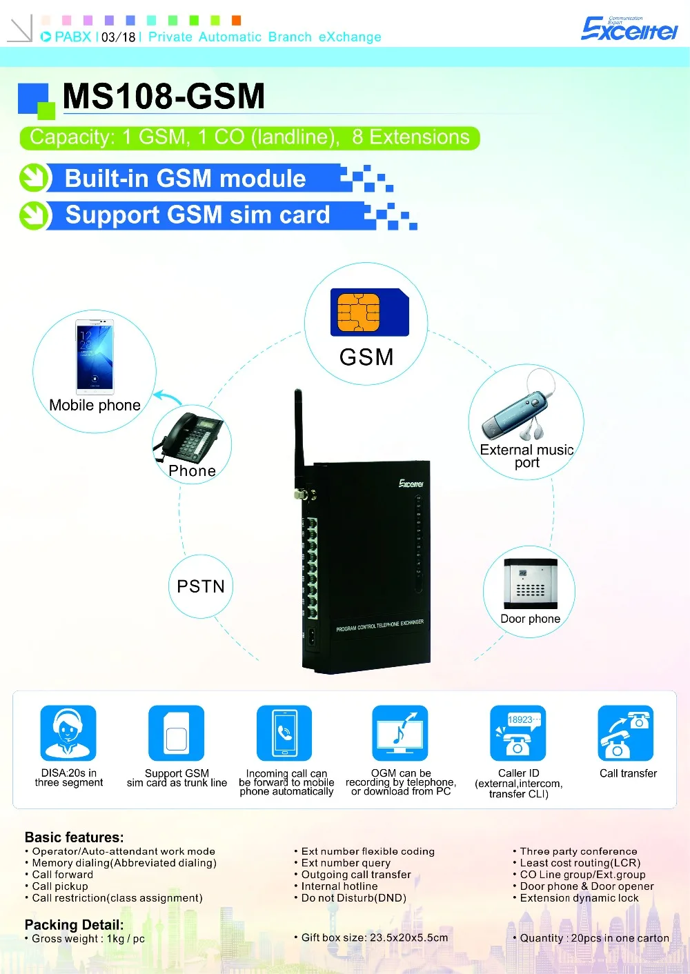 EXCELLTEL беспроводной телефонный обмен MS108-GSM 1 CO line 8 расширения с 1 sim-картой GSM PBX