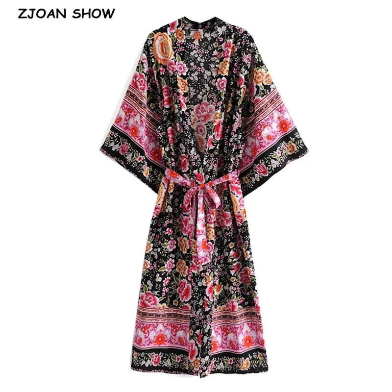 

2021 Bohemia V neck Hit Color Flower Print Maxi Long Kimono Shirt Women Lacing up Bow Sashes Cardigan Holiday Loose Blouse Tops