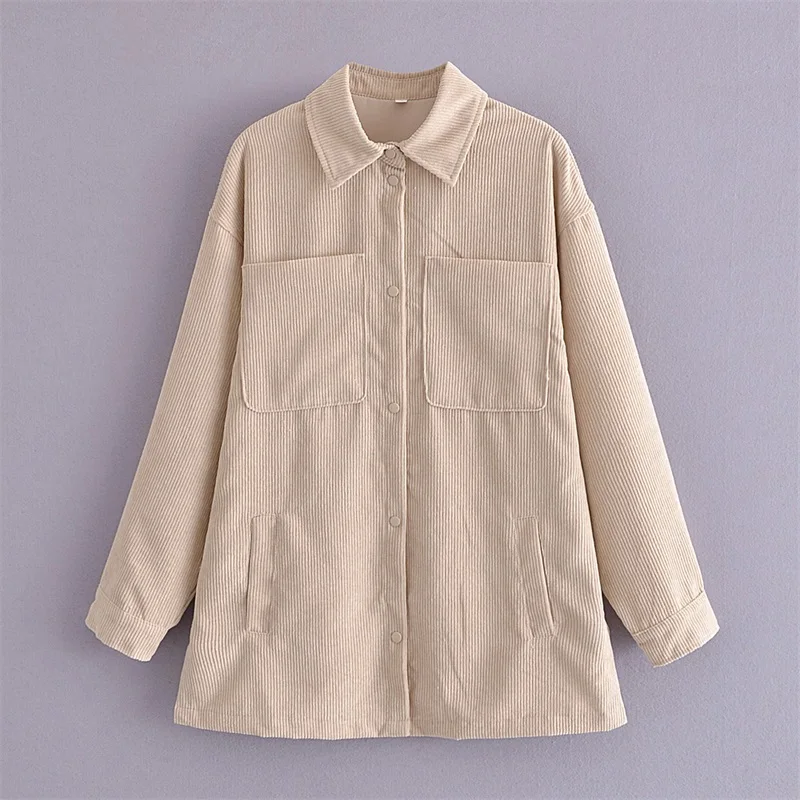

MESTTRAF Women 2021 Fashion With Double Pockets Loose Corduroy Jacket Coat Vintage Long Sleeve Shirt Outerwear Streetwear