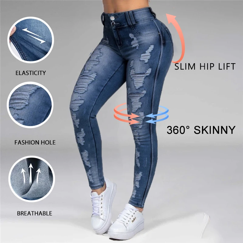 

Ripped Skinny Jeans Women High Waist Sexy Stretch Pants Korean Fashion Streetwear Distressed Slim Blue Bleached Denim Trousers