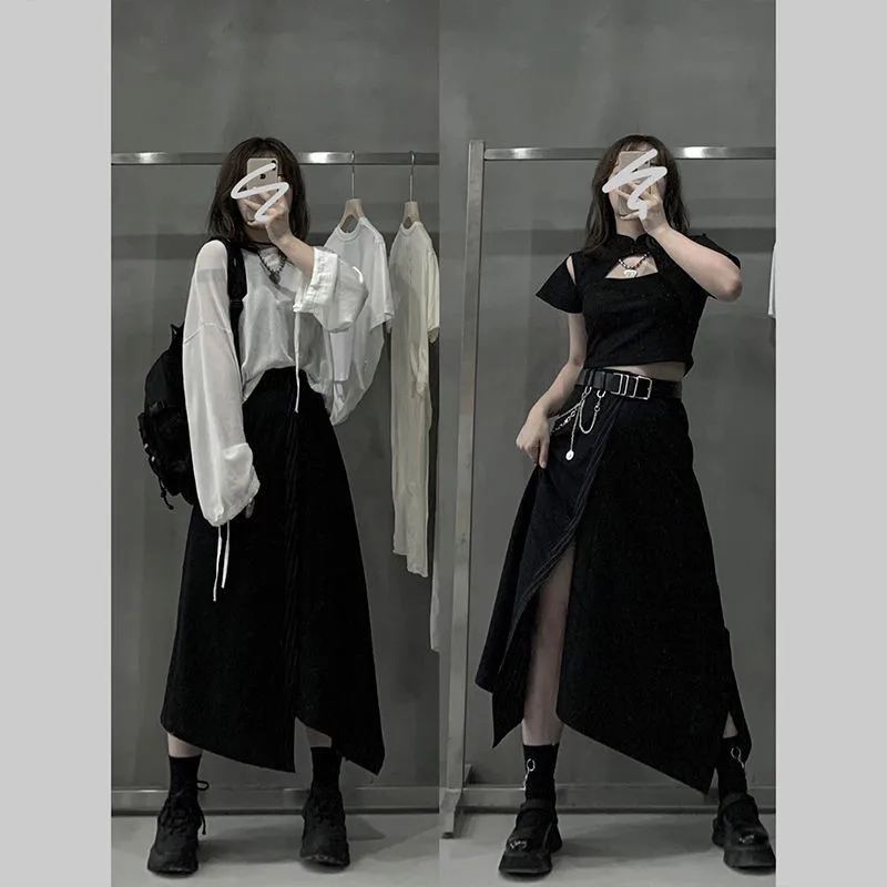 

Harajuku Punk Stripe Split Skirts Women High Waist Splicing Irregular Gothic Skirt 2020 Korean Style Black Fashion Streetwear