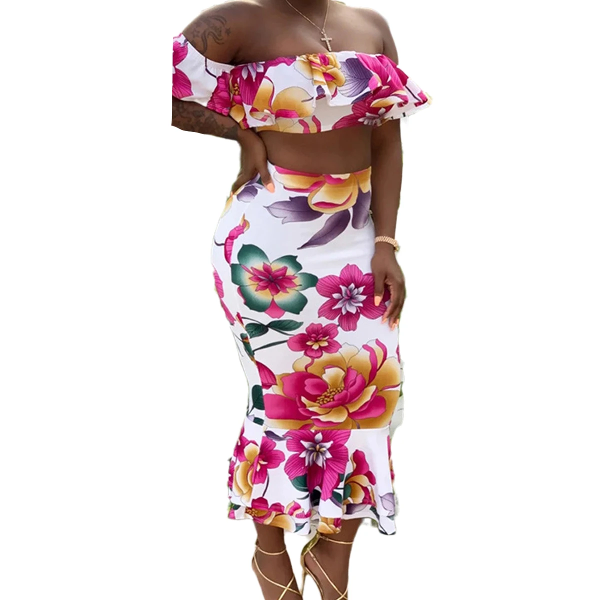 

Womens Floral Print Suit Off The Shoulder Ruffled Short Top + High