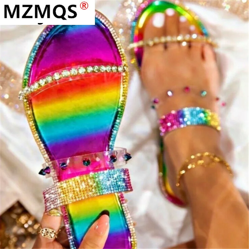 

2021 New Summer Sandals Women Color Matching Rhinestone Flat Sandals Outdoor Beach Open Toe Women Round Head Set Foot Slipper