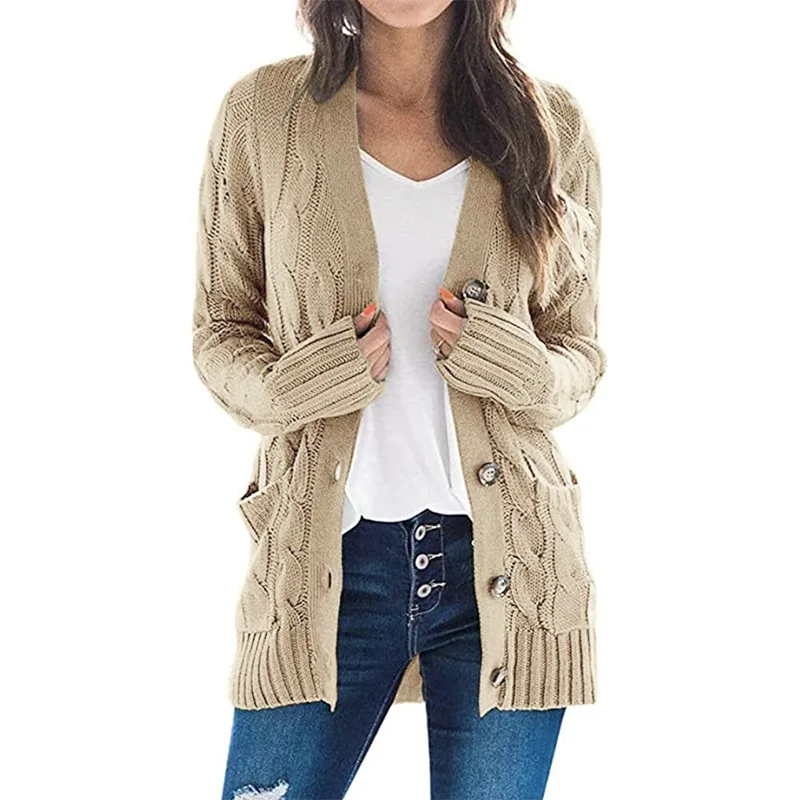 

Solid Color Women Cardigans Sweater Winter Warm Elegance Female Knitted Coat Loose Single Breasted Full Sleeve V-Neck Long Tops