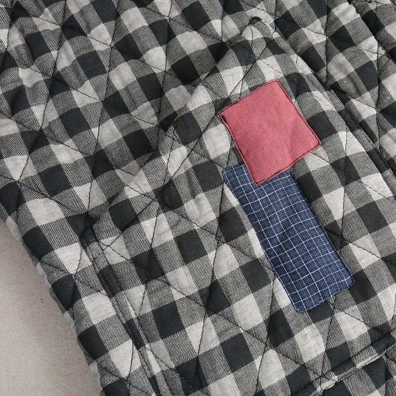 

2020 winter new cotton hemp coat Korean version large size thin paste cloth thickened stand collar clip cotton plaid cotton