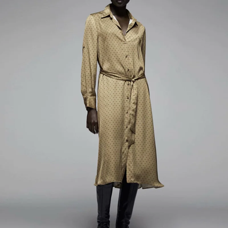 Женское винтажное платье в горошек KUMSVAG элегантное свободное с длинным рукавом и