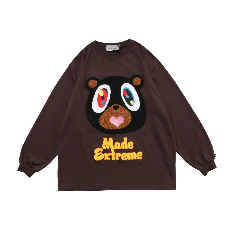 

2021 Cartoon Embroidery Anime Bear Brown Cotton Men Pullover Sweatshirts Long Sleeve Tshirts Vintage Clothes Polerones De Hombre