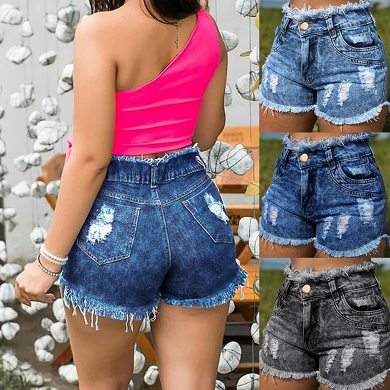 

Women's Shorts Denim Summer High Waists Short Jeans Ripped Holes Booty Shorts Casual Plus Size Wide Leg Sexy Short Pants