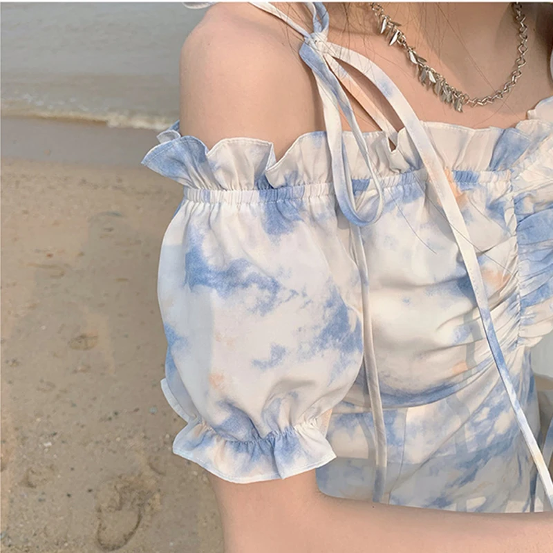 

HaleyChan Tie-dye Skirt Female High Waist 2021 Summer New Floral Dress Short Suspender Skirt Dresses for Women Summer Dress