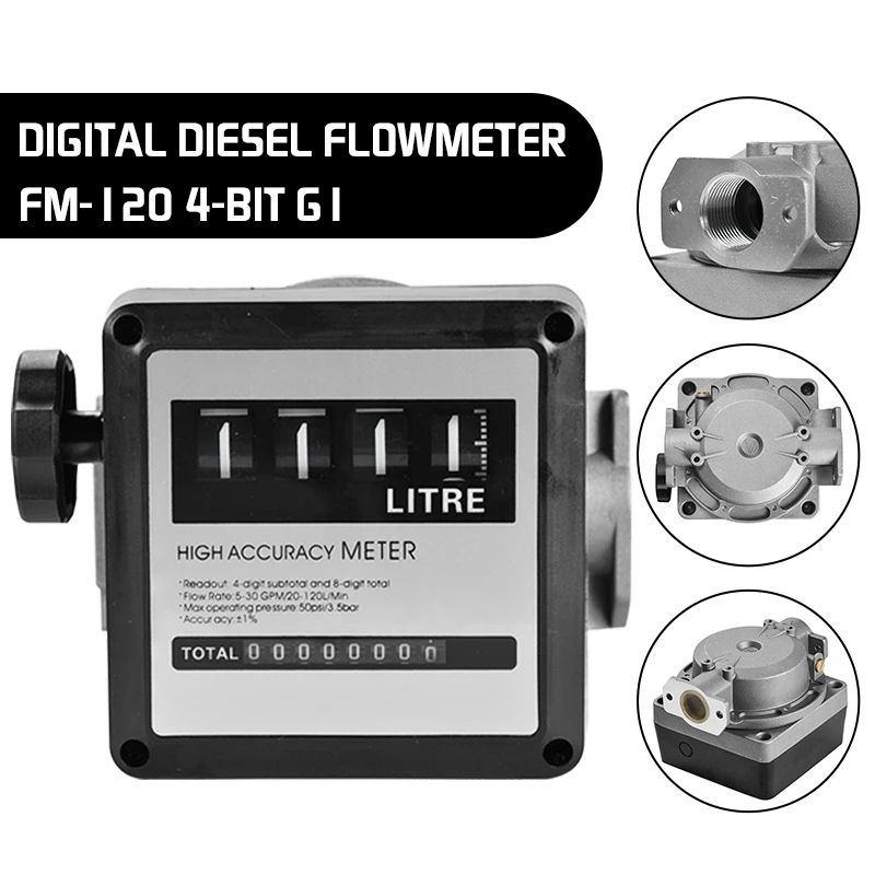 1Pcs FM-120 4 Digital Gasoline Fuel Petrol Oil Flow Meter 20-120L/Min Four for Diesel Counter | Инструменты
