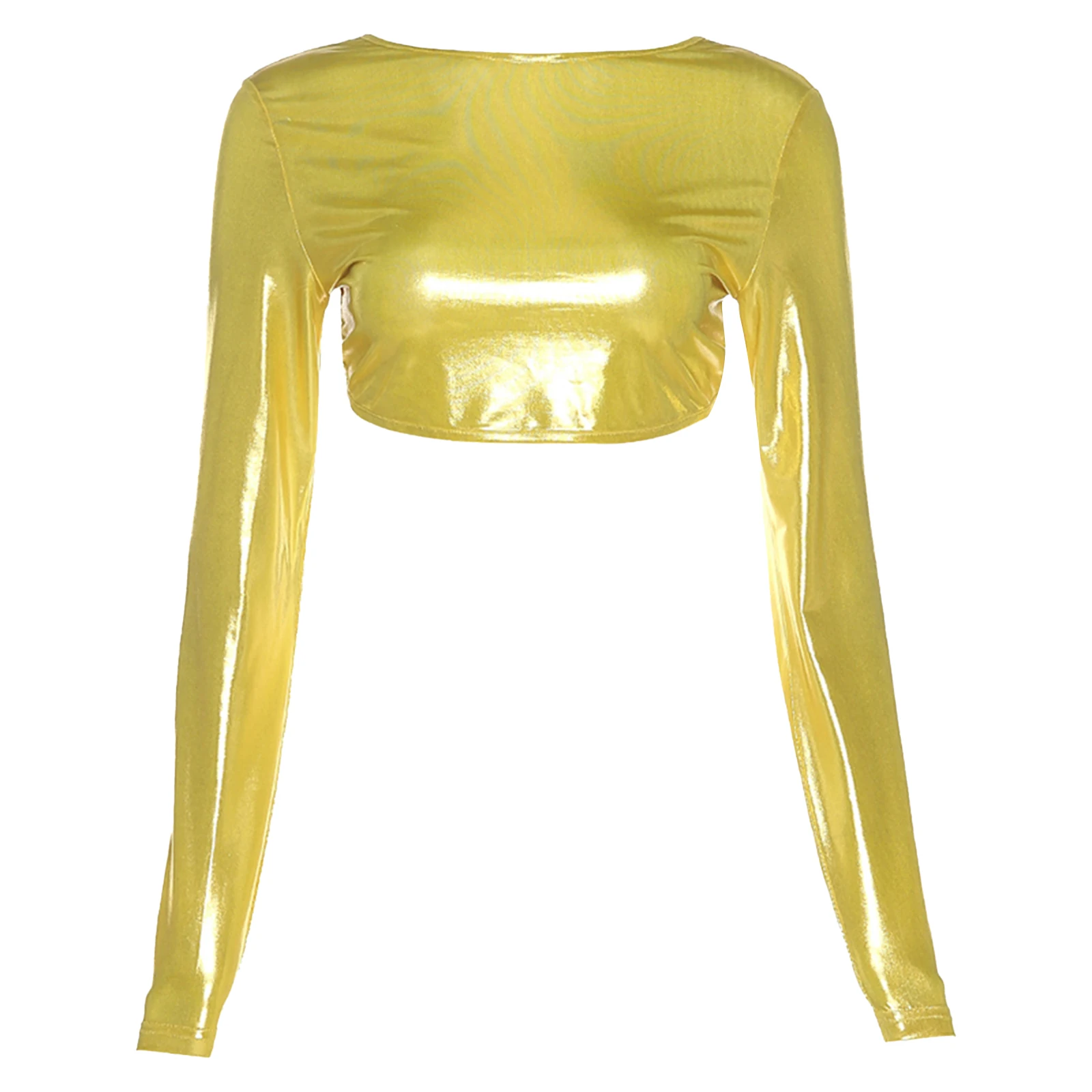 

Женский Блестящий кроп-Топ с длинным рукавом, с металлическим блеском, модная Приталенная футболка с круглым вырезом и открытой спиной, для ...