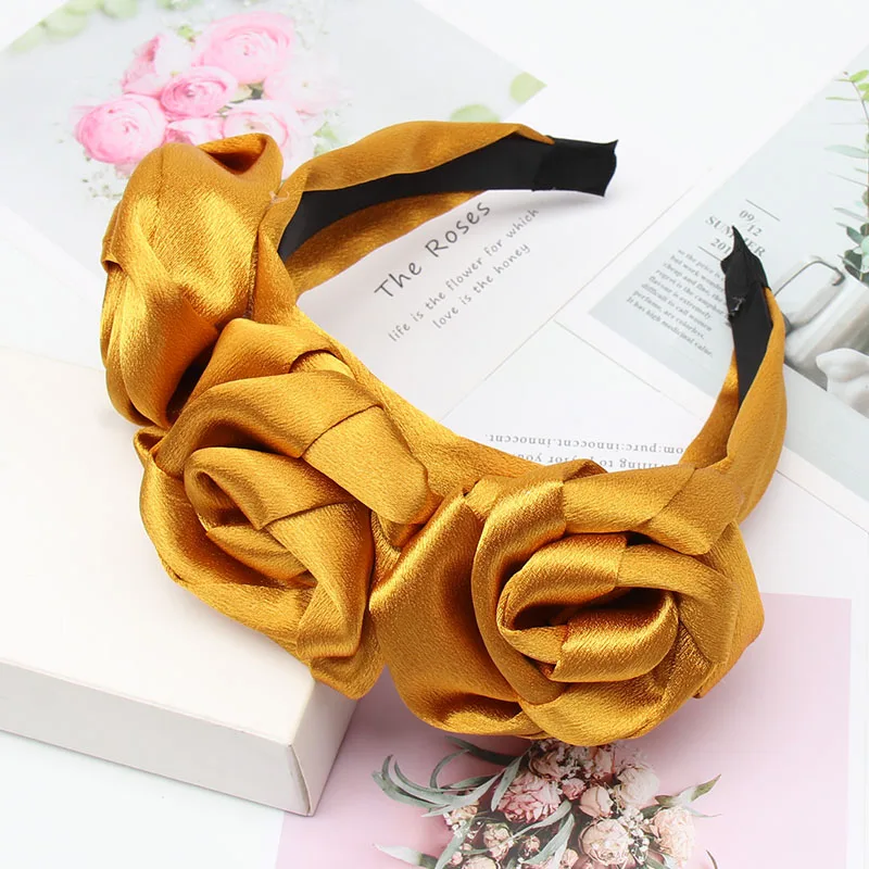 Yellow(Satin) Однотонный Шифоновый Цветок Розы ободки для женщин девушек элегантные повязки для волос невесты женские аксессуары для волос вечерние праздничные волосы обруч - Цвет: Yellow(Satin)