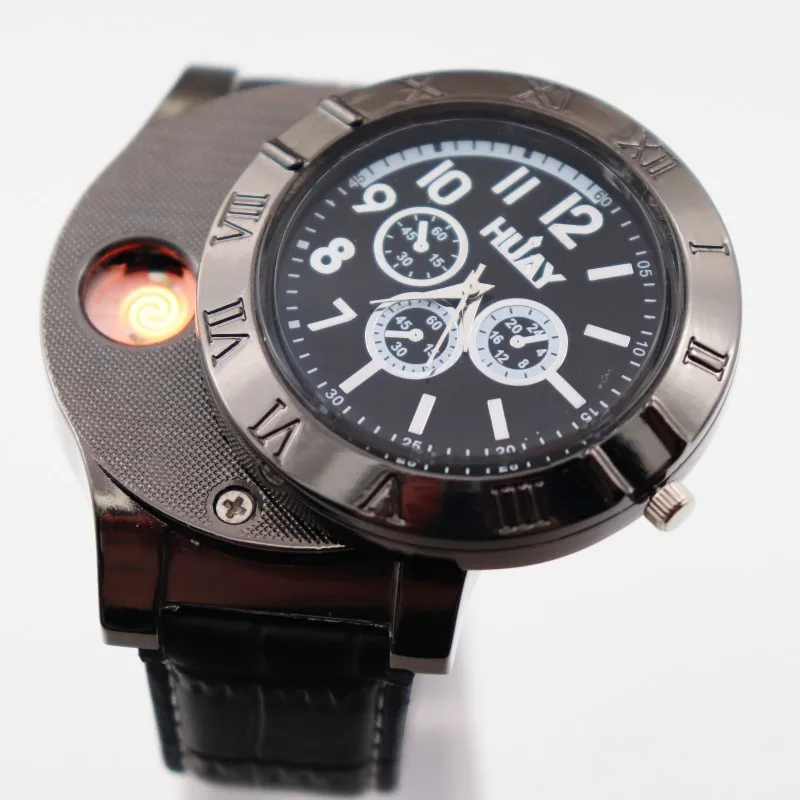 

Lighter Watch Men's Military USB Charging Quartz watches sports watch Windproof Flameless Cigarette Lighter F665L leather 1pcs