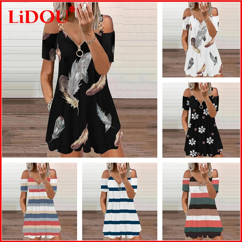 

2021 Female New Summer Fashion Printed Vestidos Off Shoulder Straps Zipper Dresses for Women Casual Loose Vintage Ladies Dress